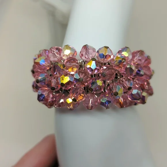 Vintage Pink Aurora Borealis Crystal Stretch Bracelet - Picture 4 of 12